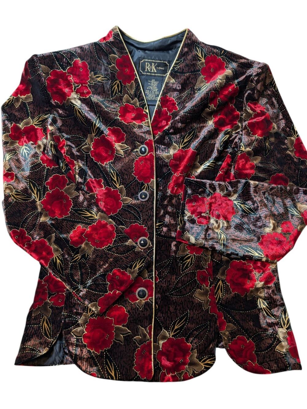 Vintage R&K Evening Women's 12P Stretchy Velour Jacket Floral Black Red Gold